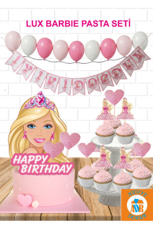 Barbie Bebek Doğum Günü Parti Süsü Seti-Barbie Pasta Çubuğu-Barbie Banner-Pembe Balon-Kek Kürdanı