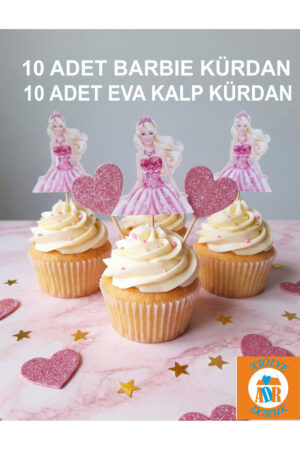 20 ADET Barbie Bebek Pasta Kürdanı-Pembe Kalp Cupcake Kürdanı-Doğum Günü Masa Süsleme Seti