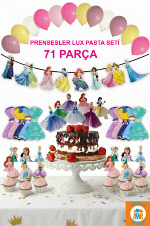 Elbiseli Prensesler Doğum Günü Parti Seti-Prenses Çubuklu Pasta Süsü-Banner-Cupcake Kürdanı-Balon