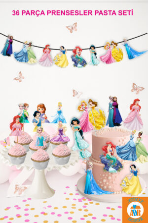Prensesler Doğum Günü Parti Seti-Prenses Çubuklu Pasta Süsü-Prenses Kız Çocuk Banner-Cupcake Kürdanı